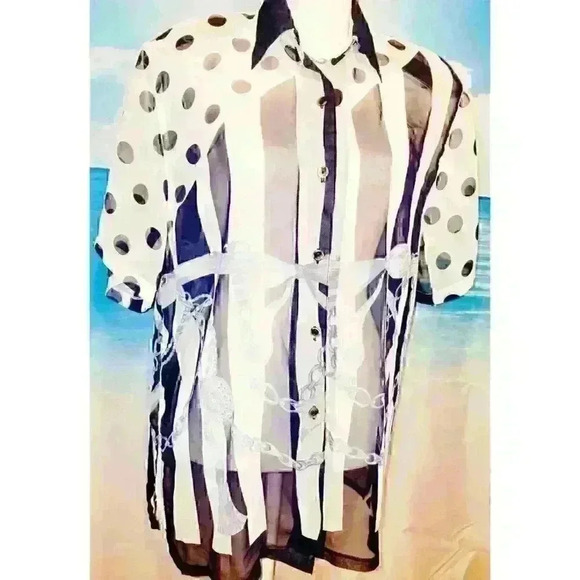 FASHION AGE Woman's SHEER Career Casual Blouse NAVY BLUE & WHITE Button Down Lg - Picture 3 of 6